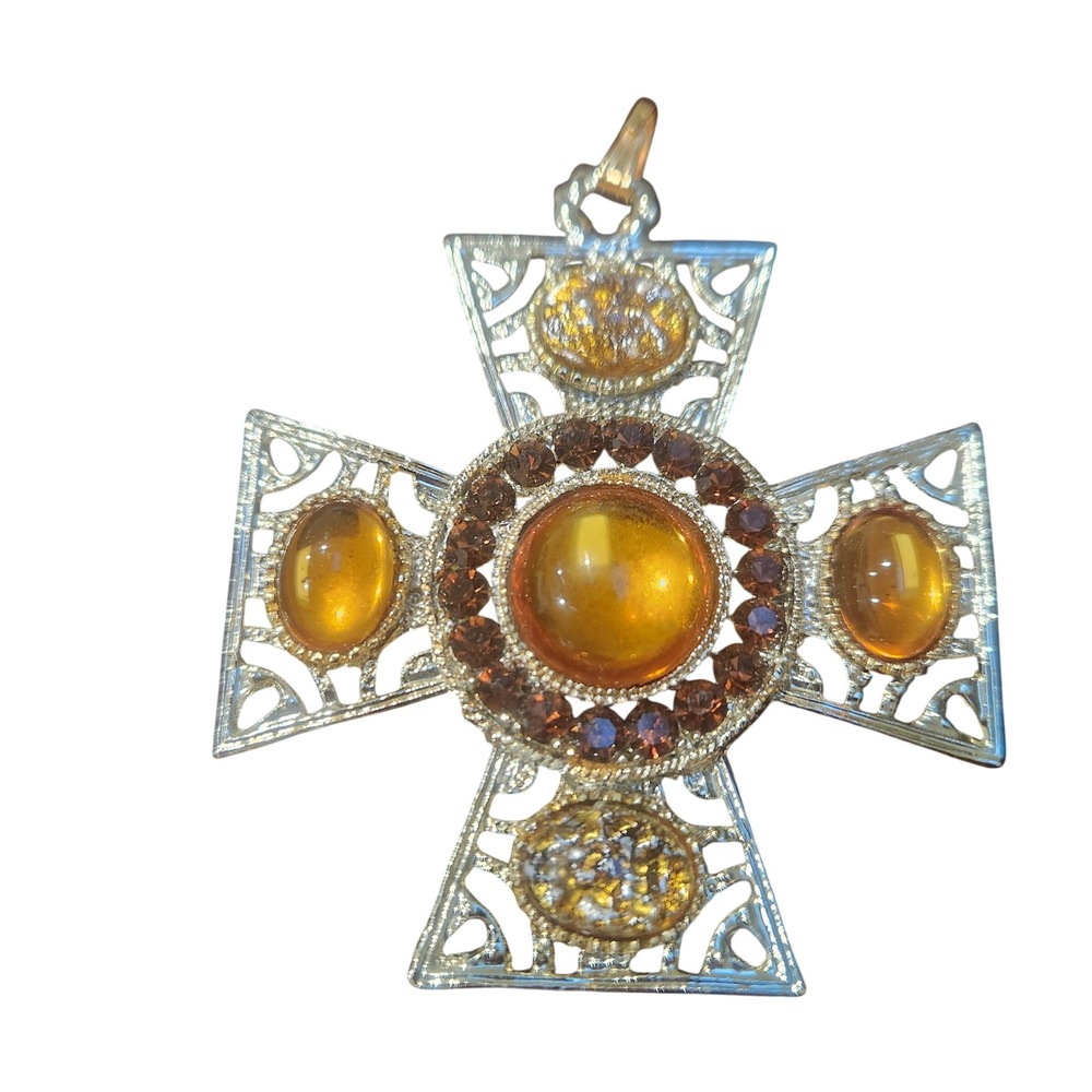 Vintage Maltese Cross Pendant Amber Cabochon‎ Rhinestone Silver Tone Chunky